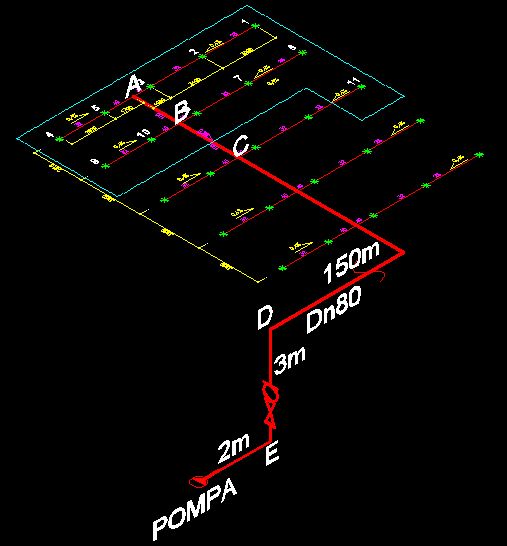 P C =0,456 bar Q C-D = Q BC + Q C11 = 553,71 l/min, Wydatek już się zmienia, liczymy tylko stratę ciśnienia uwzględniając długość, trójniki, wysokość, stratę na zaworze.