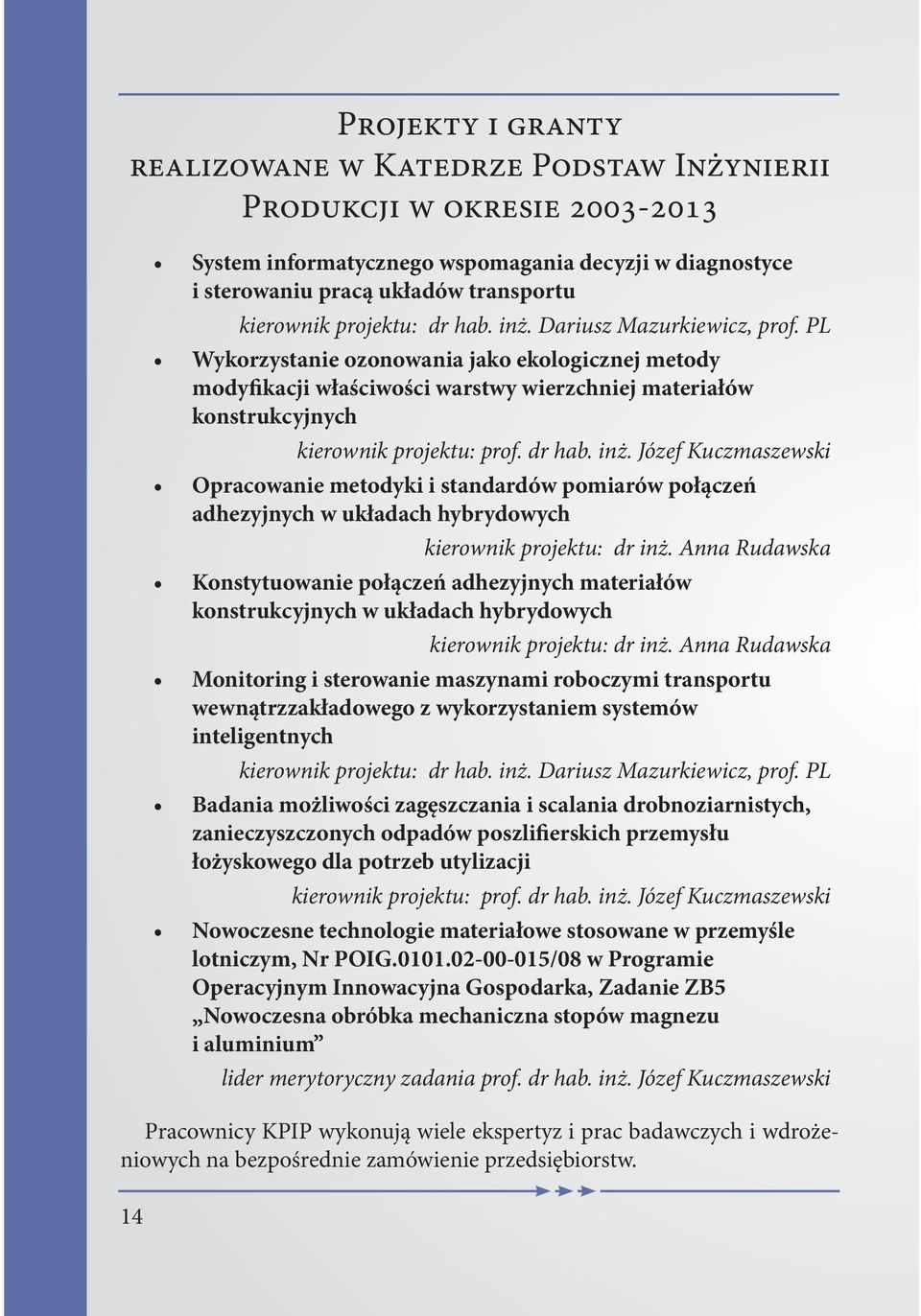 dr hab. inż. Józef Kuczmaszewski Opracowanie metodyki i standardów pomiarów połączeń adhezyjnych w układach hybrydowych kierownik projektu: dr inż.