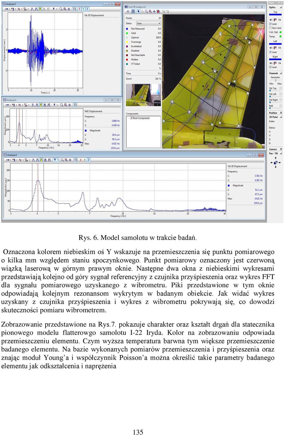 Następne dwa okna z niebieskimi wykresami przedstawiają kolejno od góry sygnał referencyjny z czujnika przyśpieszenia oraz wykres FFT dla sygnału pomiarowego uzyskanego z wibrometru.