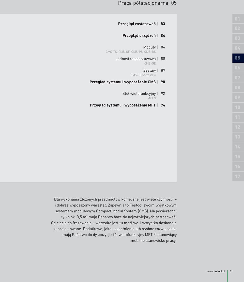 warsztat. Zapewnia to Festool swoim wyjątkowym systemem modułowym Compact Modul System (CMS). Na powierzchni tylko ok. 0,5 m² mają Państwo bazę do najróżniejszych zastosowań.