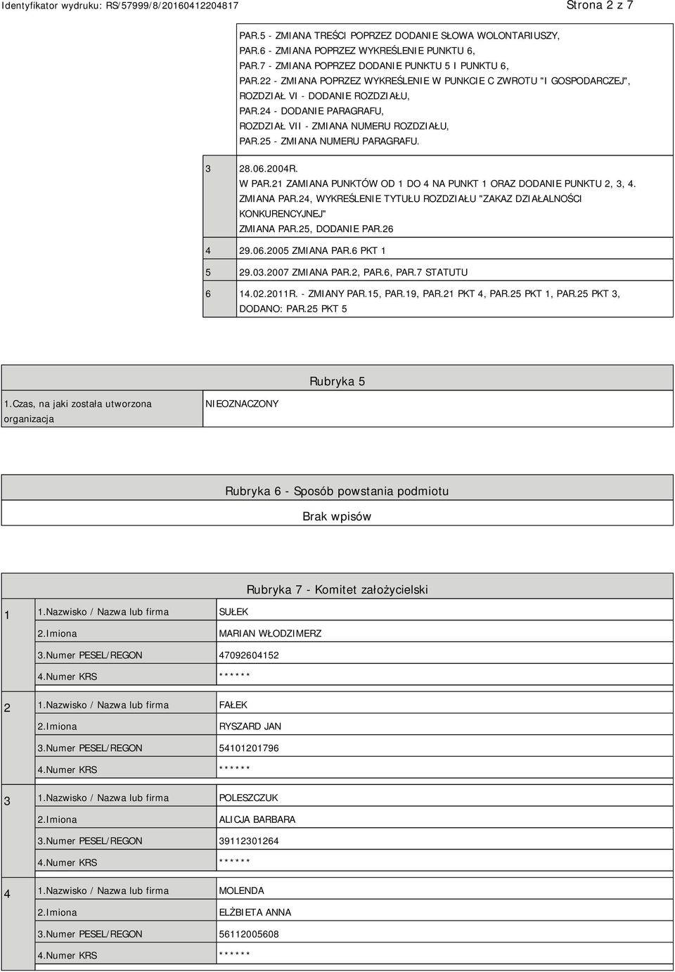 25 - ZMIANA NUMERU PARAGRAFU. 3 28.06.2004R. W PAR.21 ZAMIANA PUNKTÓW OD 1 DO 4 NA PUNKT 1 ORAZ DODANIE PUNKTU 2, 3, 4. ZMIANA PAR.