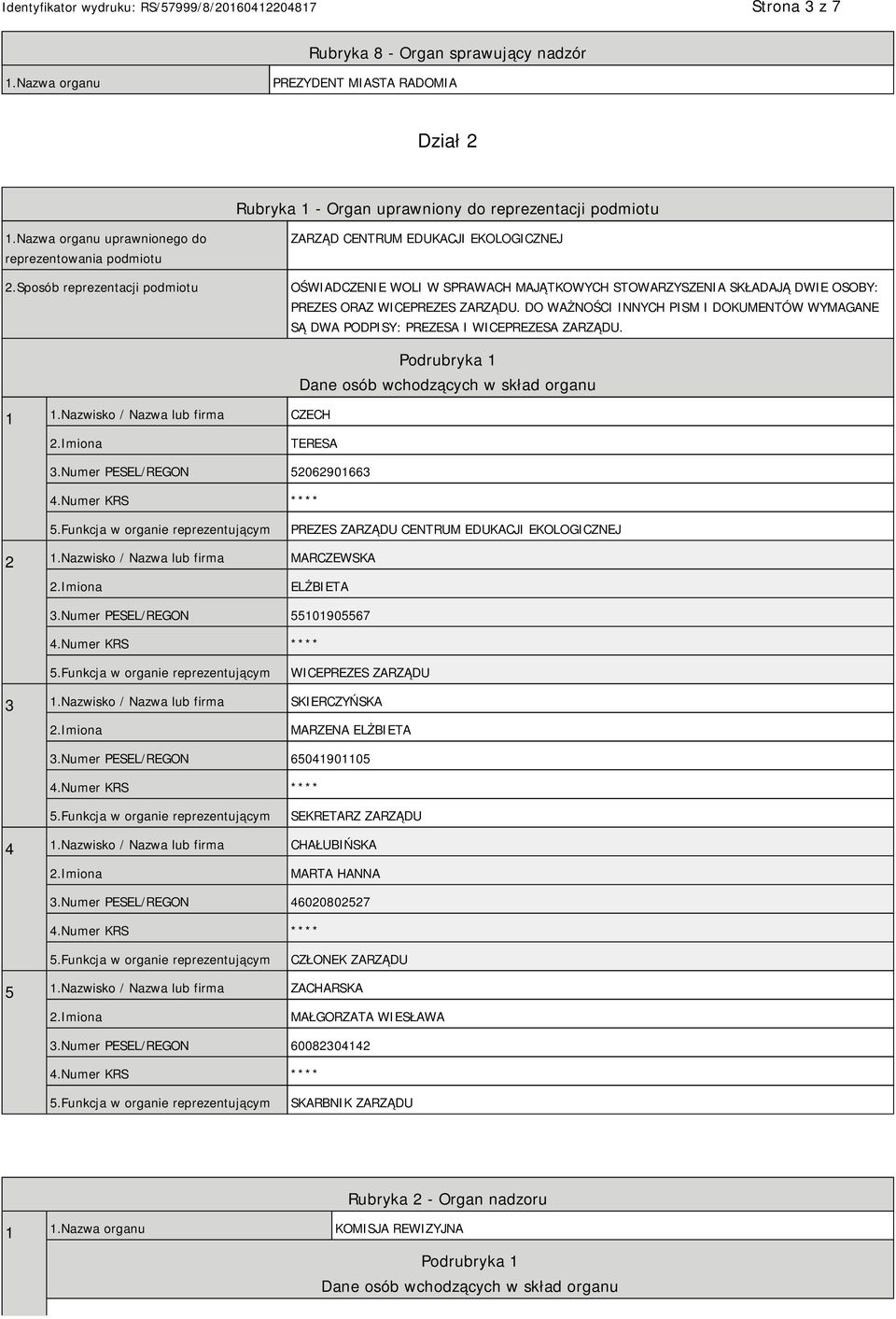 Sposób reprezentacji podmiotu ZARZĄD CENTRUM EDUKACJI EKOLOGICZNEJ OŚWIADCZENIE WOLI W SPRAWACH MAJĄTKOWYCH STOWARZYSZENIA SKŁADAJĄ DWIE OSOBY: PREZES ORAZ WICEPREZES ZARZĄDU.