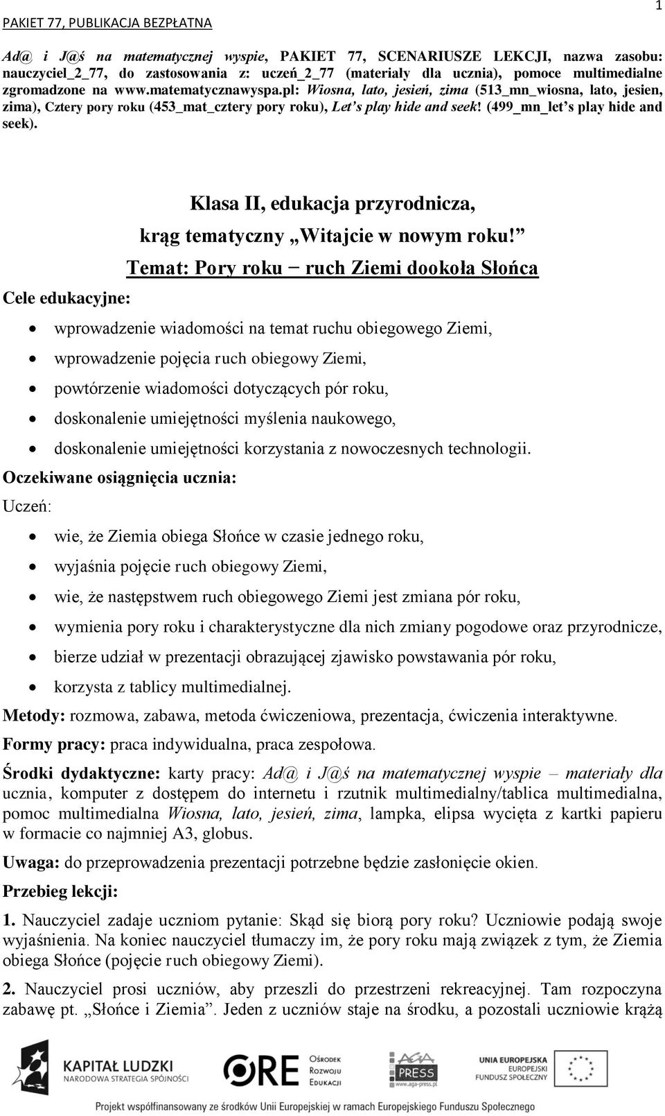 Klasa II, edukacja przyrodnicza, krąg tematyczny Witajcie w nowym roku!