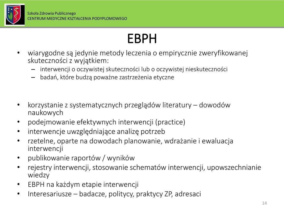 interwencji (practice) interwencje uwzględniające analizę potrzeb rzetelne, oparte na dowodach planowanie, wdrażanie i ewaluacja interwencji publikowanie raportów