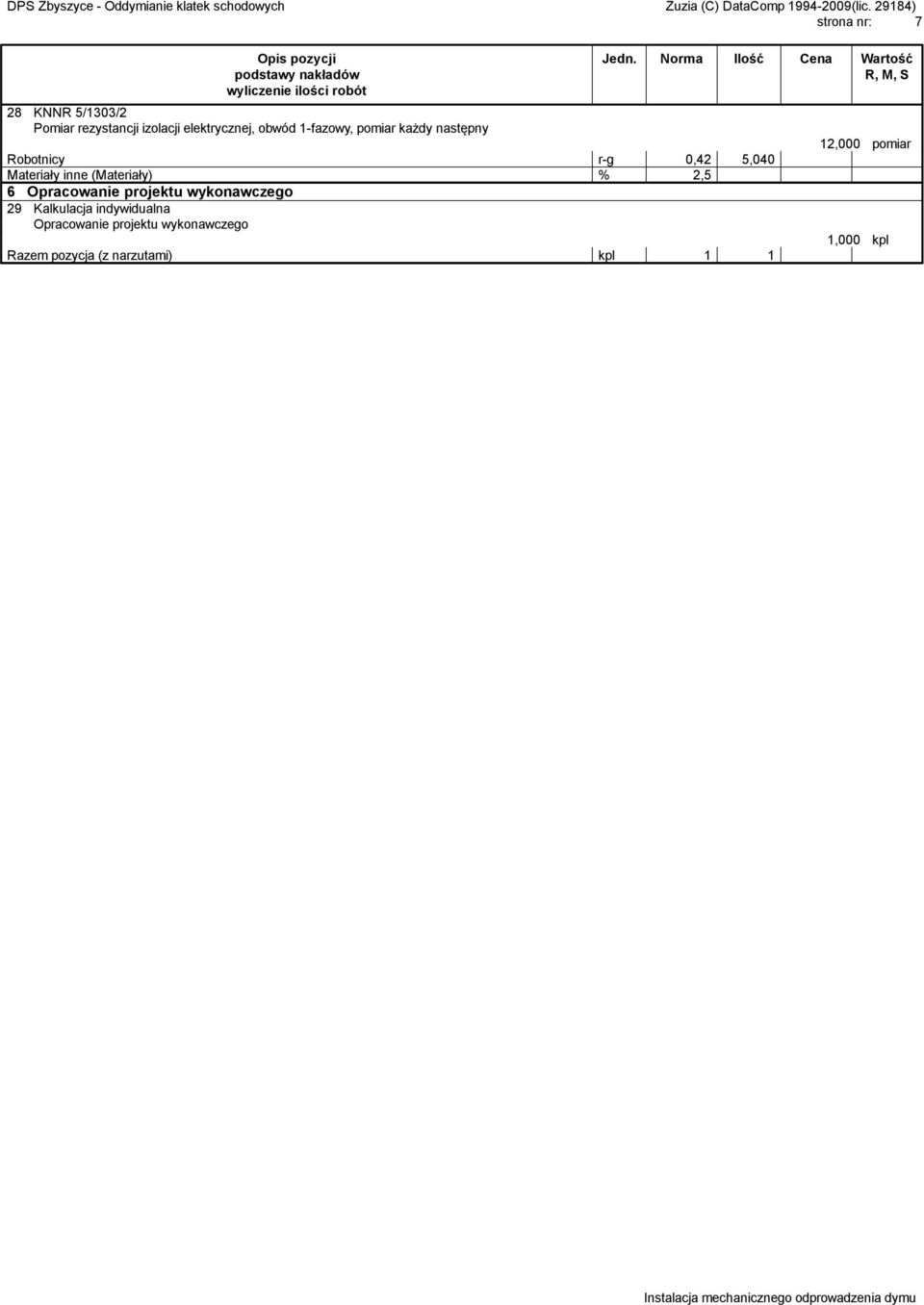 Norma Ilość Cena Wartość R, M, S Robotnicy r-g 0,42 5,040 6 Opracowanie projektu wykonawczego 29