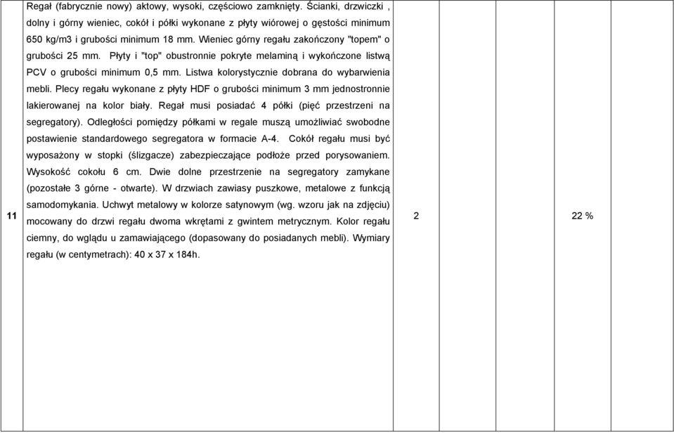 Płyty i "top" obustronnie pokryte melaminą i wykończone listwą PCV o grubości minimum 0,5 mm. Listwa kolorystycznie dobrana do wybarwienia mebli.