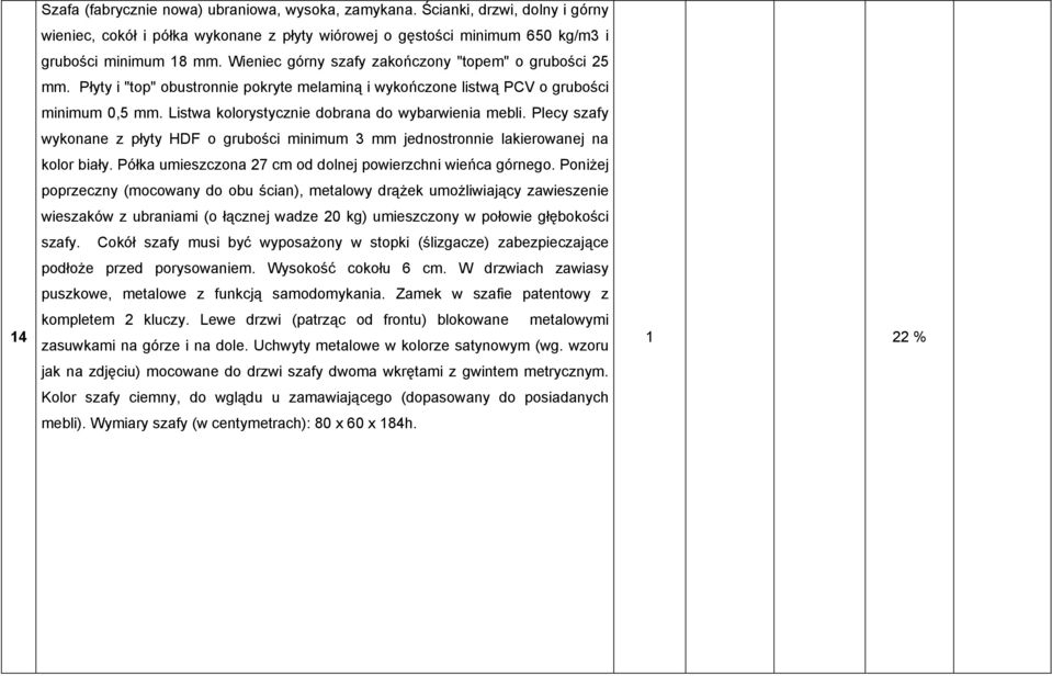 Listwa kolorystycznie dobrana do wybarwienia mebli. Plecy szafy wykonane z płyty HDF o grubości minimum 3 mm jednostronnie lakierowanej na kolor biały.