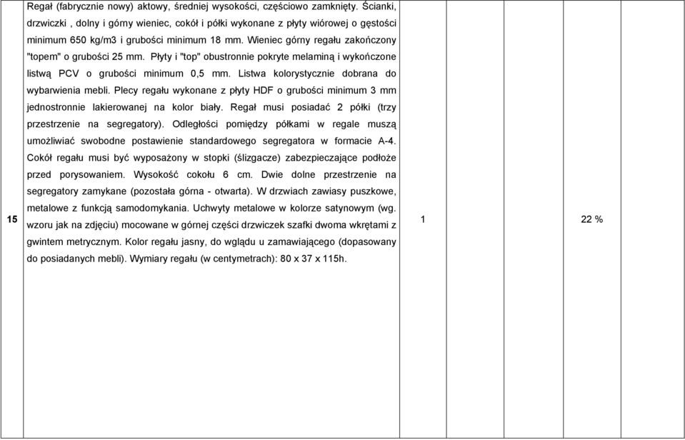 Płyty i "top" obustronnie pokryte melaminą i wykończone listwą PCV o grubości minimum 0,5 mm. Listwa kolorystycznie dobrana do wybarwienia mebli.