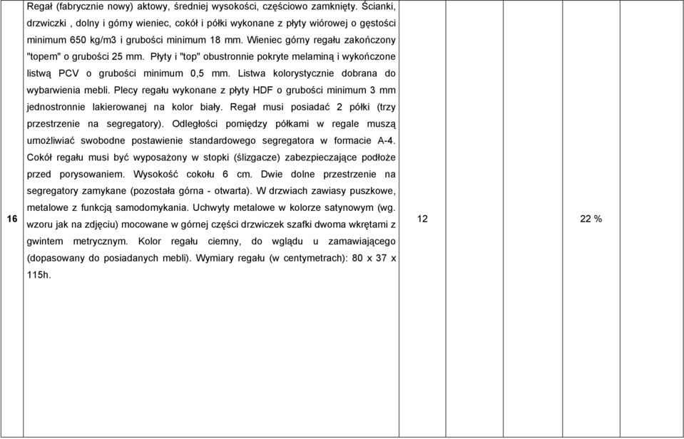 Płyty i "top" obustronnie pokryte melaminą i wykończone listwą PCV o grubości minimum 0,5 mm. Listwa kolorystycznie dobrana do wybarwienia mebli.