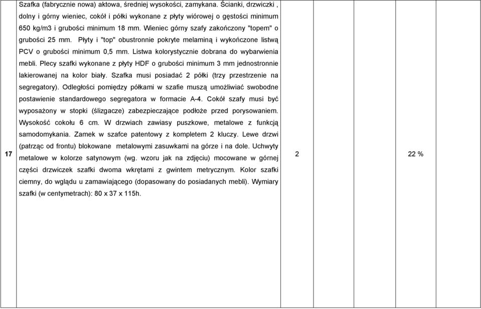 Płyty i "top" obustronnie pokryte melaminą i wykończone listwą PCV o grubości minimum 0,5 mm. Listwa kolorystycznie dobrana do wybarwienia mebli.