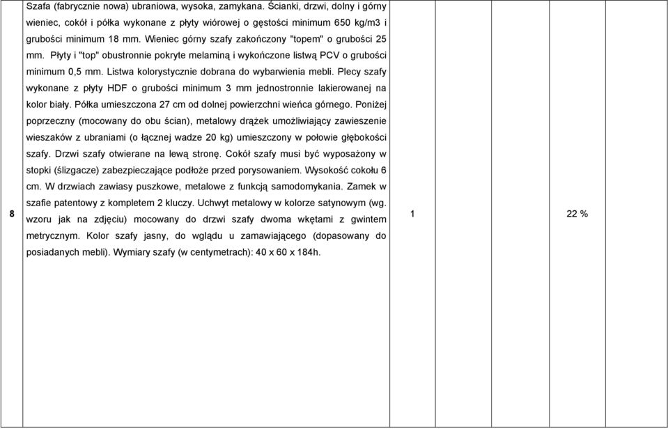 Listwa kolorystycznie dobrana do wybarwienia mebli. Plecy szafy wykonane z płyty HDF o grubości minimum 3 mm jednostronnie lakierowanej na kolor biały.