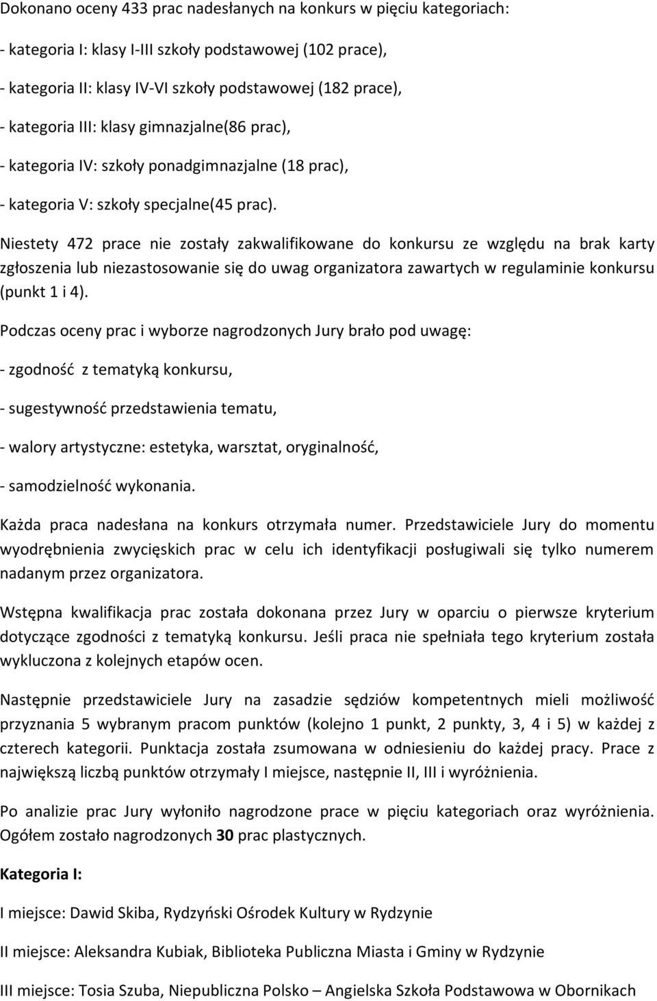 Niestety 472 prace nie zostały zakwalifikowane do konkursu ze względu na brak karty zgłoszenia lub niezastosowanie się do uwag organizatora zawartych w regulaminie konkursu (punkt 1 i 4).