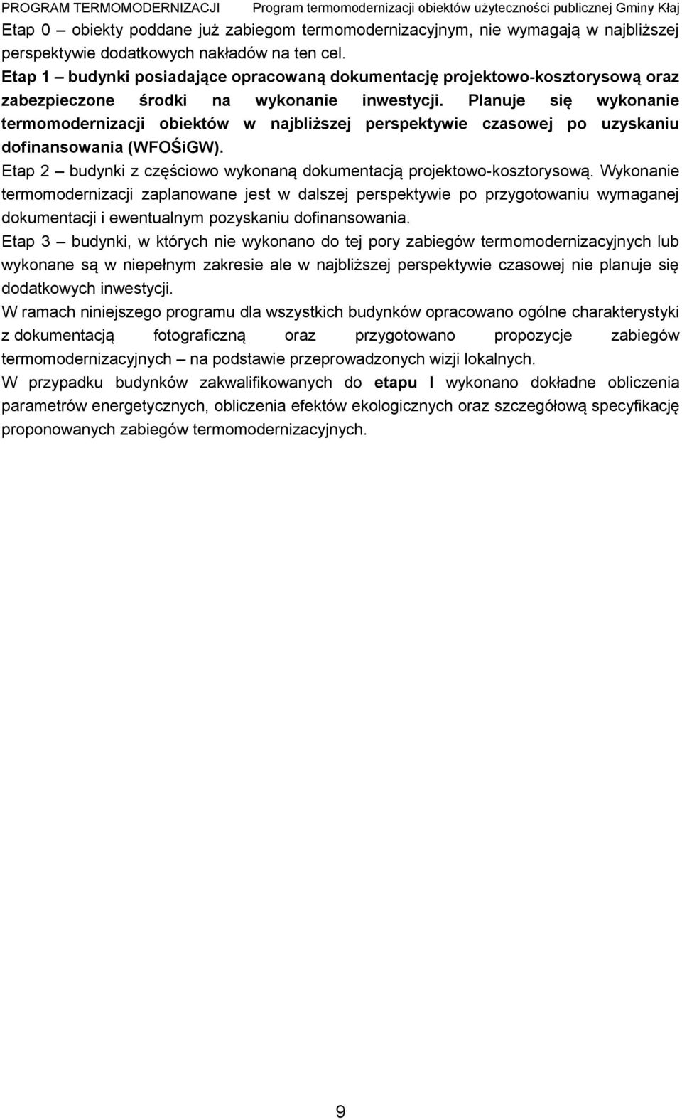 Planuje się wykonanie termomodernizacji obiektów w najbliższej perspektywie czasowej po uzyskaniu dofinansowania (WFOŚiGW). Etap 2 budynki z częściowo wykonaną dokumentacją projektowo-kosztorysową.