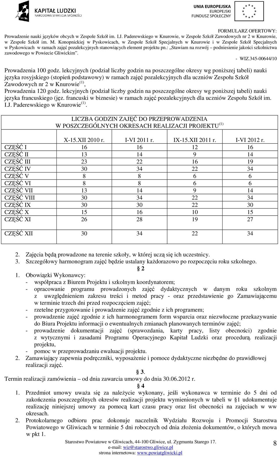 Knurowie (1), Prowadzenia 120 godz. lekcyjnych (podział liczby godzin na poszczególne okresy wg poniŝszej tabeli) nauki języka francuskiego (jęz.