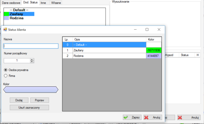 tworzenia rezerwacji. Ponadto z poziomu tego okna można wystawić kartę meldunkową. W zakładce Dod.status można tworzyć własne statusy klienta.