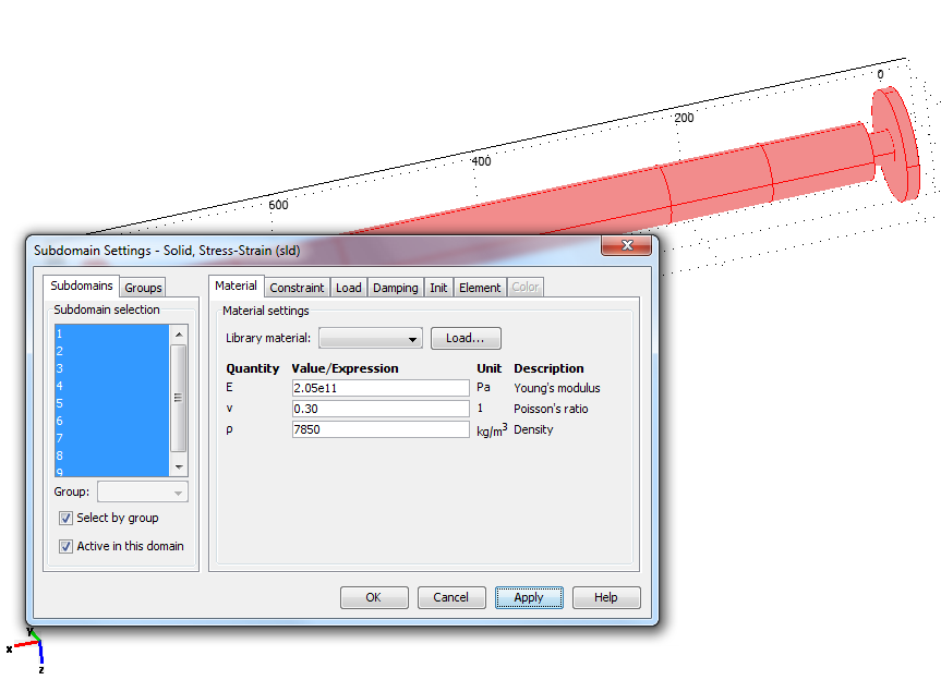 Model drążka wykonany w programie COMSOL