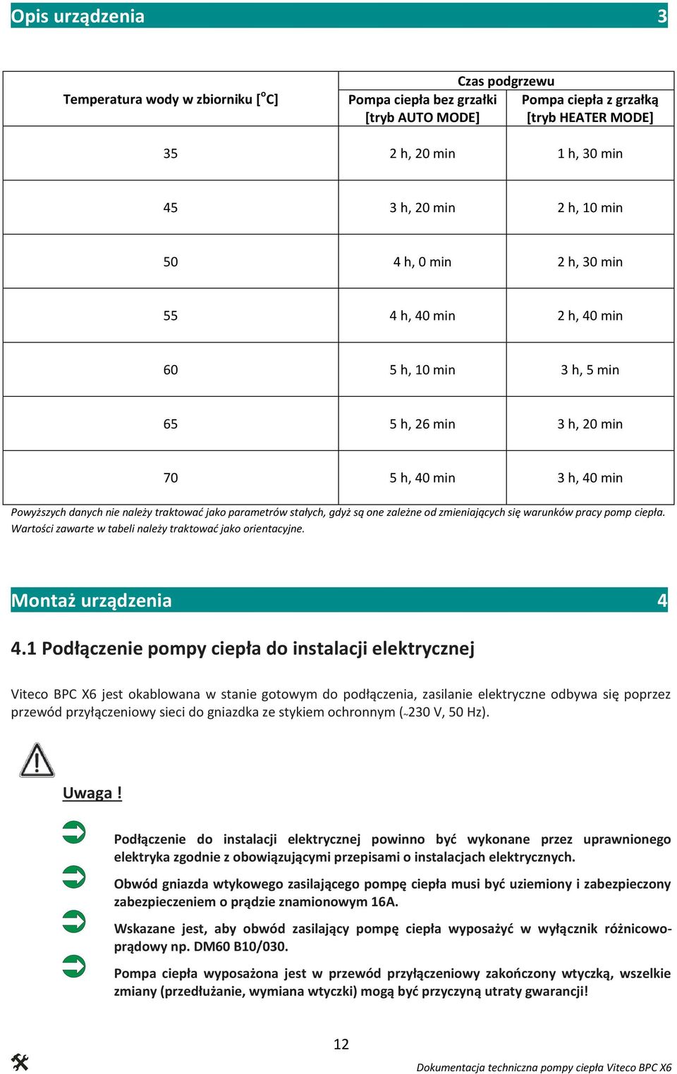 stałych, gdyż są one zależne od zmieniających się warunków pracy pomp ciepła. Wartości zawarte w tabeli należy traktować jako orientacyjne. Montaż urządzenia 4 4.