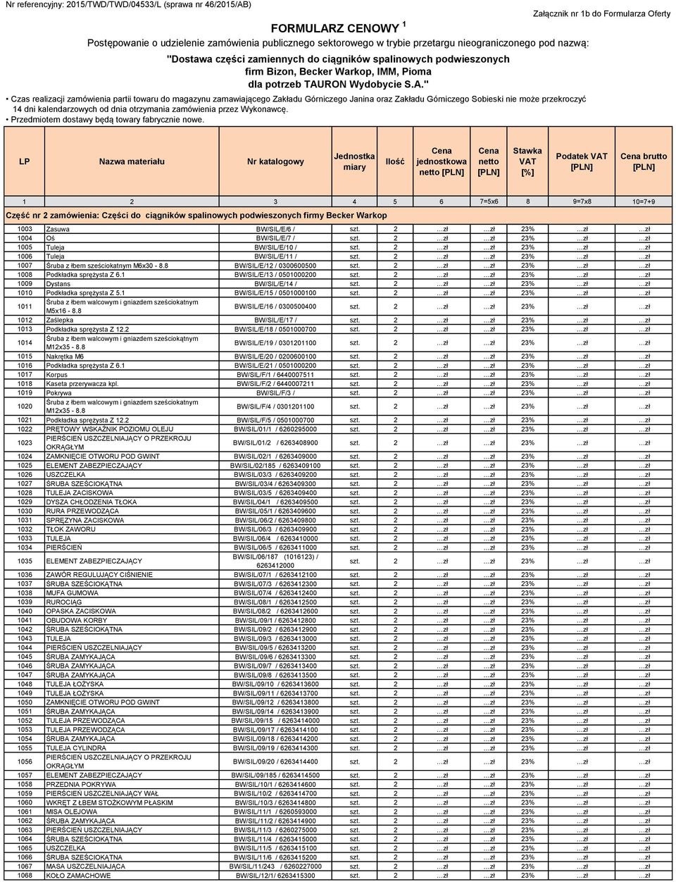 2 zł zł 23% zł zł 1009 Dystans BW/SIL/E/14 / szt. 2 zł zł 23% zł zł 1010 Podkładka sprężysta Z 5.1 BW/SIL/E/15 / 0501000100 szt.