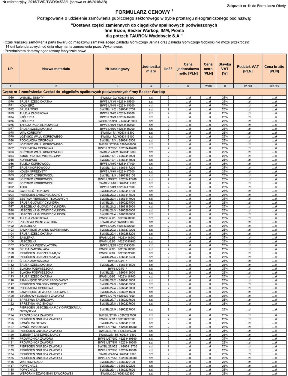 2 zł zł 23% zł zł 1075 ZAŚLEPKA BW/SIL/15/950 / 6263416000 szt. 2 zł zł 23% zł zł 1076 TARCZA PASA KLINOWEGO BW/SIL/16/1 / 6263416100 szt.