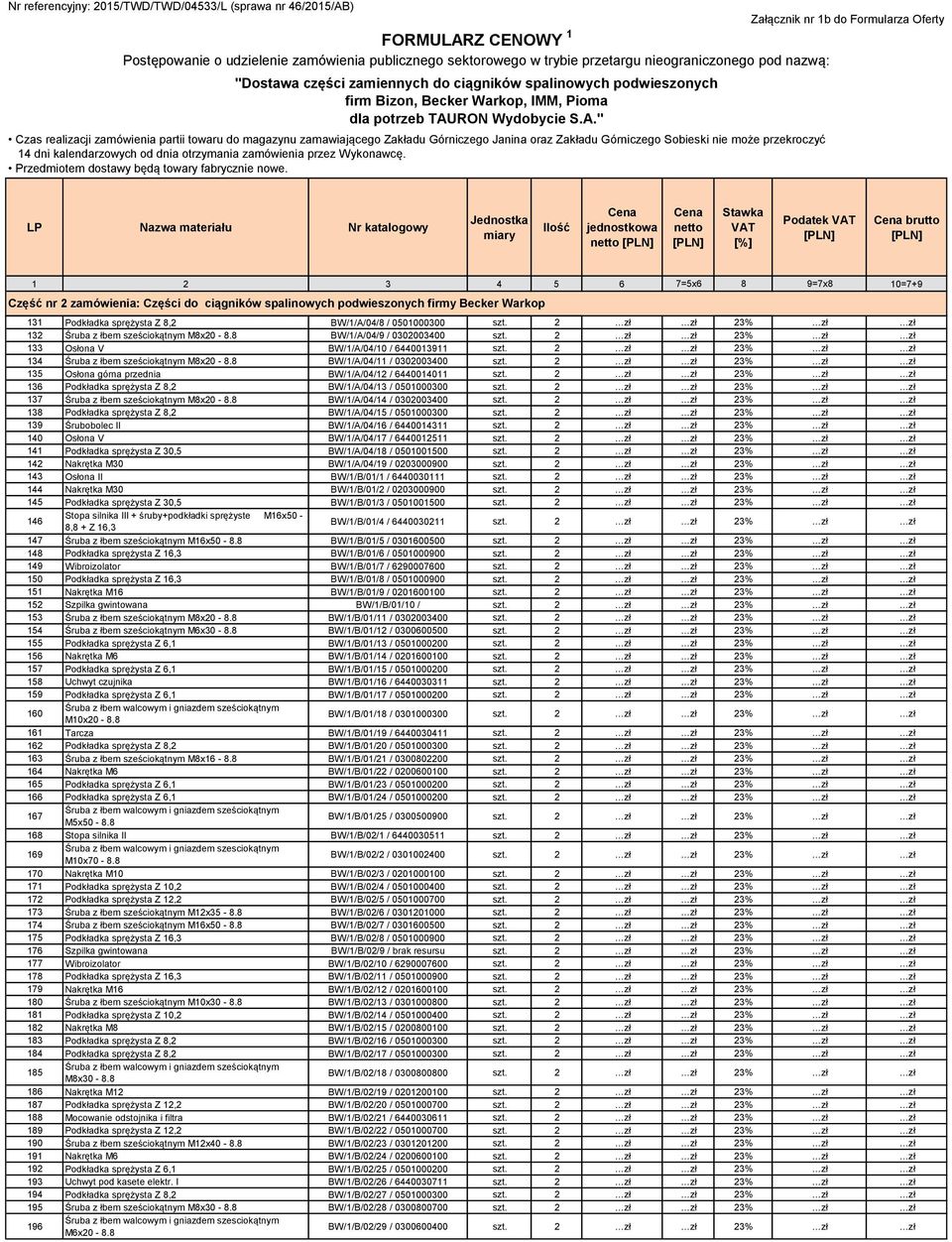 2 zł zł 23% zł zł 135 Osłona górna przednia BW/1/A/04/12 / 6440014011 szt. 2 zł zł 23% zł zł 136 Podkładka sprężysta Z 8,2 BW/1/A/04/13 / 0501000300 szt.