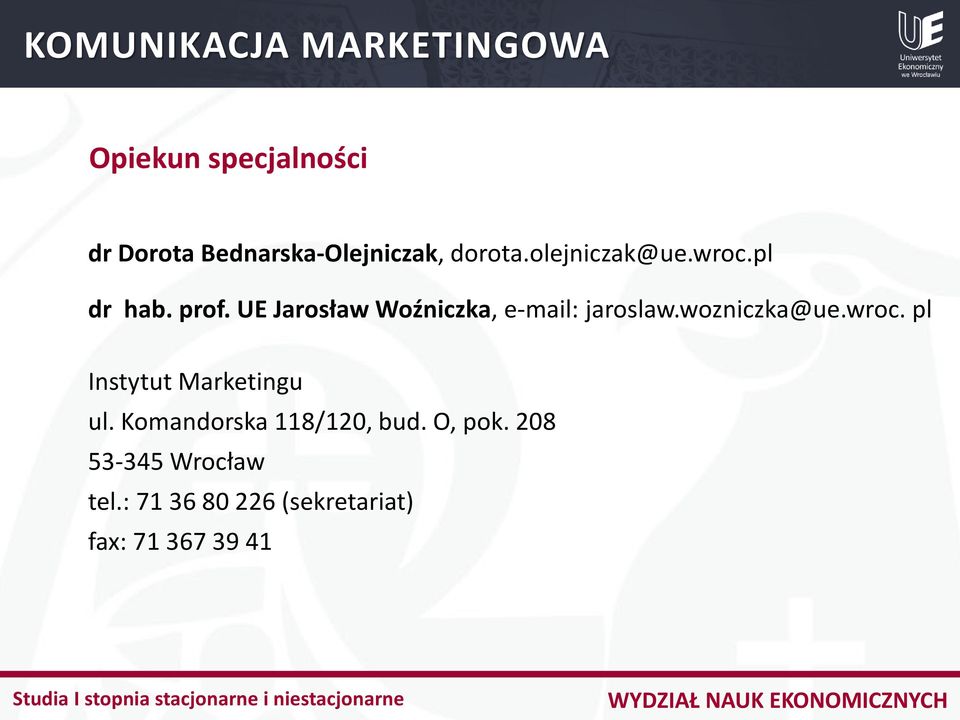 UE Jarosław Woźniczka, e-mail: jaroslaw.wozniczka@ue.wroc.