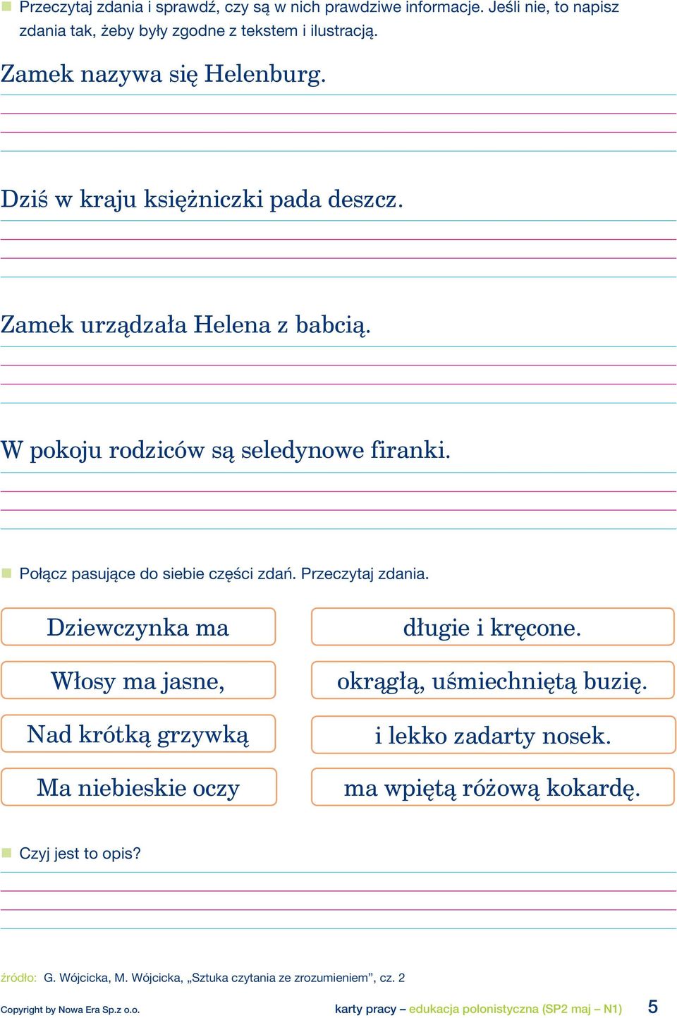 Dziewczynka ma Włosy ma jasne, Nad krótką grzywką Ma niebieskie oczy długie i kręcone. okrągłą, uśmiechniętą buzię. i lekko zadarty nosek. ma wpiętą różową kokardę.