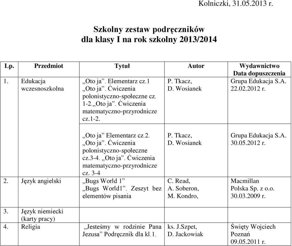 3-4 2. Język angielski Bugs World 1 Bugs World1. Zeszyt bez elementów pisania 3. Język niemiecki (karty pracy) 4.