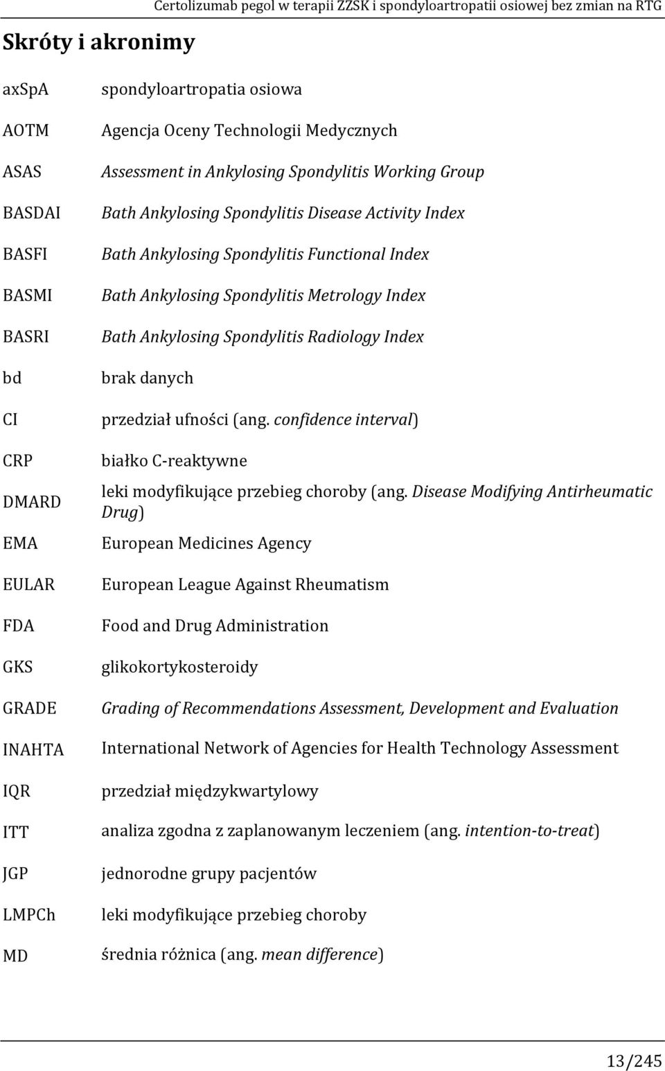 Spondylitis Functional Index Bath Ankylosing Spondylitis Metrology Index Bath Ankylosing Spondylitis Radiology Index brak danych przedział ufności (ang.