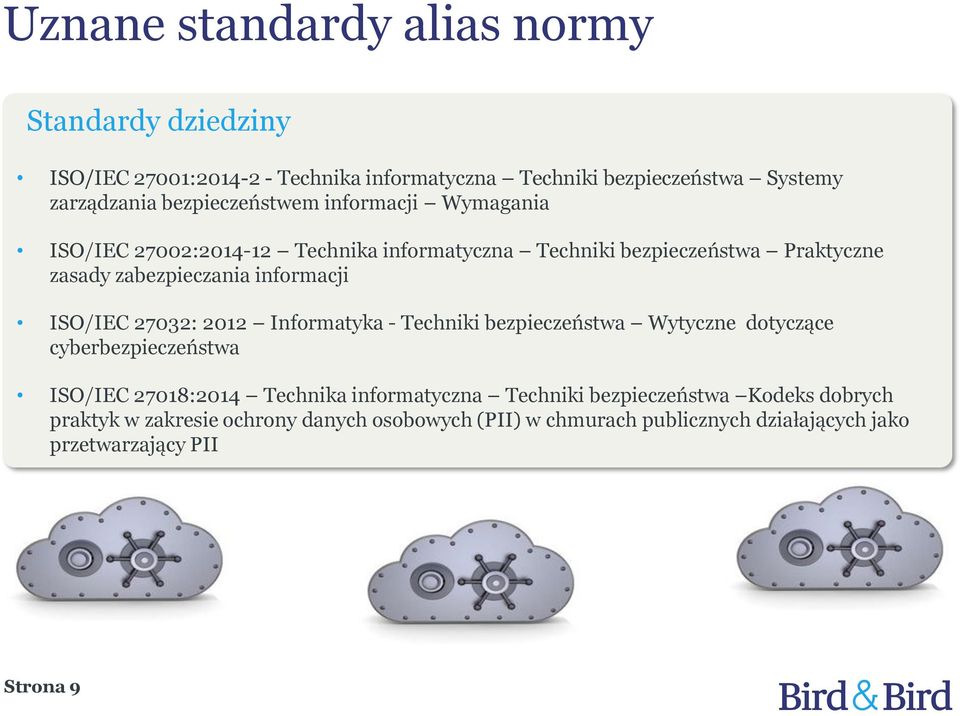 informacji ISO/IEC 27032: 2012 Informatyka - Techniki bezpieczeństwa Wytyczne dotyczące cyberbezpieczeństwa ISO/IEC 27018:2014 Technika