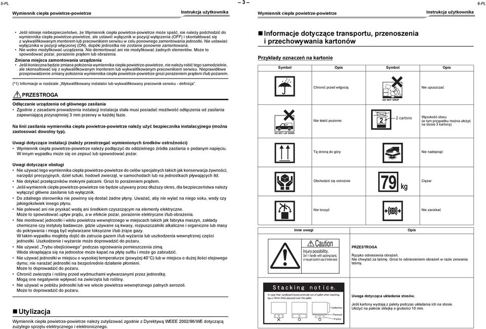 Nie ustawiać wyłącznika w pozycji włączonej (ON), dopóki jednostka nie zostanie ponownie zamontowana. Nie wolno modyfikować urządzenia. Nie demontować ani nie modyfikować żadnych elementów.