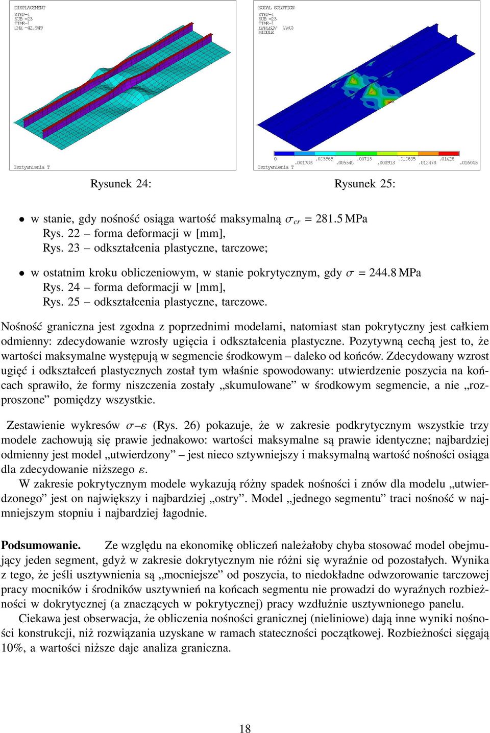 Nośność graniczna jest zgodna z poprzednimi modelami, natomiast stan pokrytyczny jest całkiem odmienny: zdecydowanie wzrosły ugięcia i odkształcenia plastyczne.