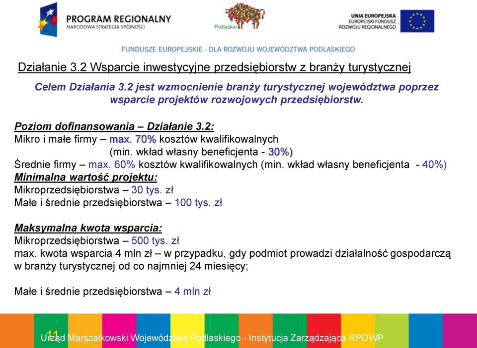 wkład własny beneficjenta - 40%) Minimalna wartość projektu: Mikroprzedsiębiorstwa 30 tys. zł Małe i średnie przedsiębiorstwa 100 tys. zł Maksymalna kwota wsparcia: Mikroprzedsiębiorstwa 500 tys.