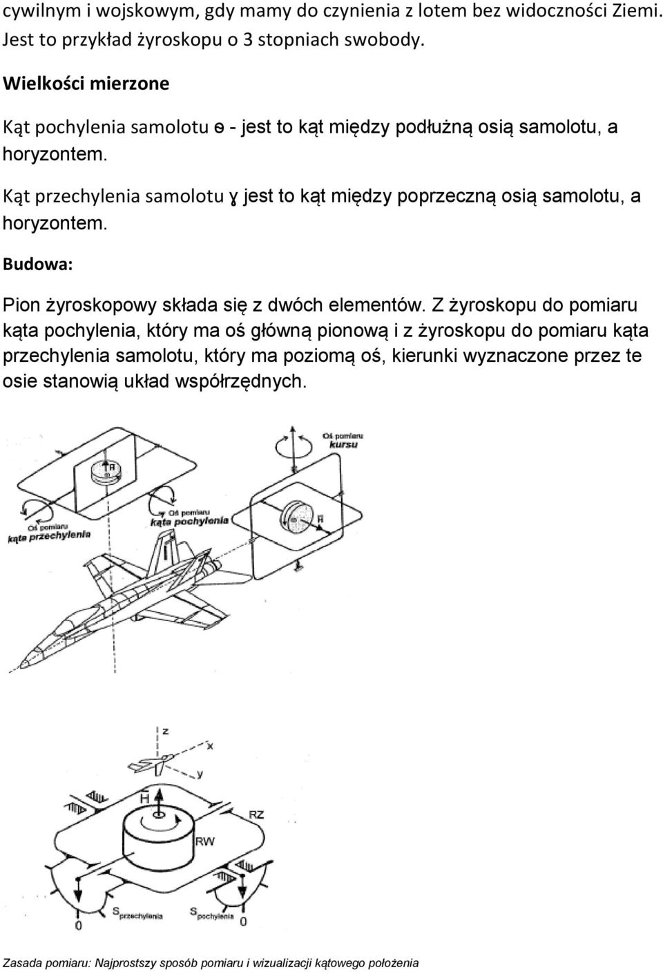 Kąt przechylenia samolotu ɣ jest to kąt między poprzeczną osią samolotu, a horyzontem. Budowa: Pion żyroskopowy składa się z dwóch elementów.