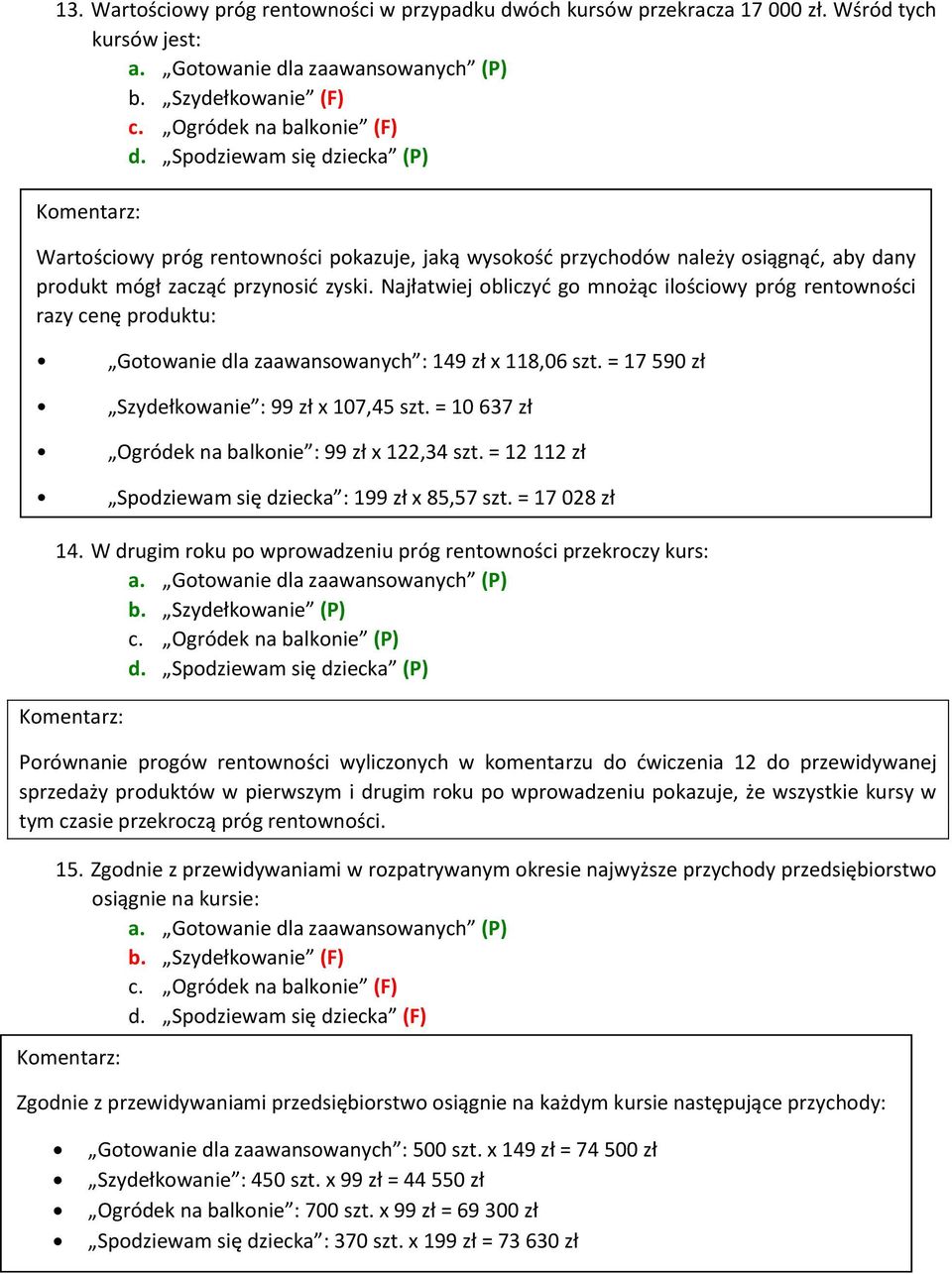 Najłatwiej obliczyć go mnożąc ilościowy próg rentowności razy cenę produktu: Gotowanie dla zaawansowanych : 149 zł x 118,06 szt. = 17 590 zł Szydełkowanie : 99 zł x 107,45 szt.