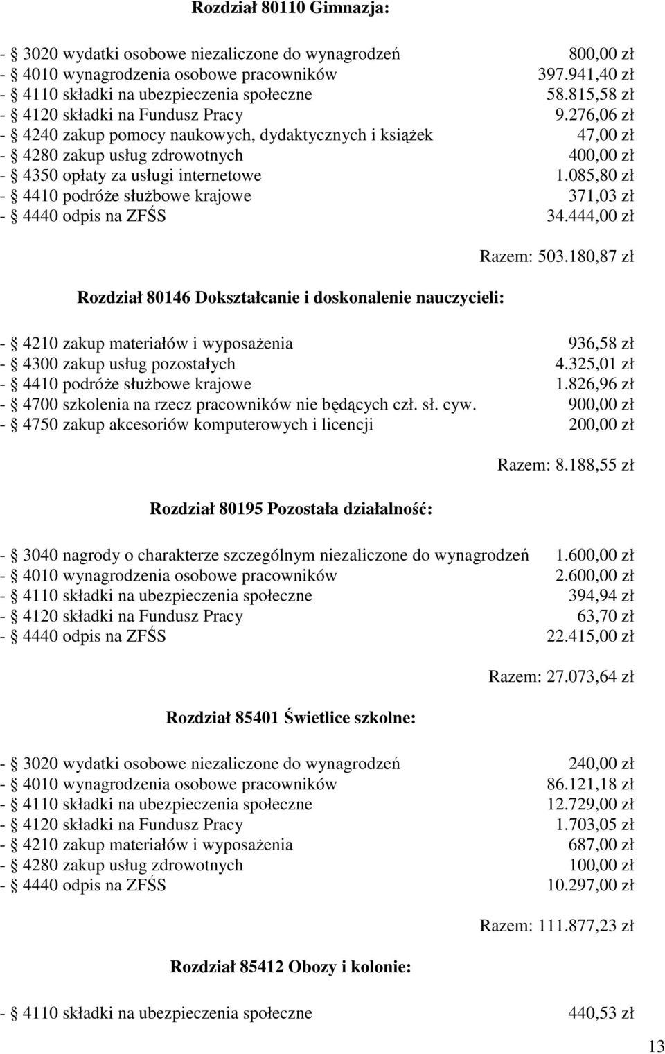 085,80 zł - 4410 podróże służbowe krajowe 371,03 zł - 4440 odpis na ZFŚS 34.444,00 zł Rozdział 80146 Dokształcanie i doskonalenie nauczycieli: Razem: 503.