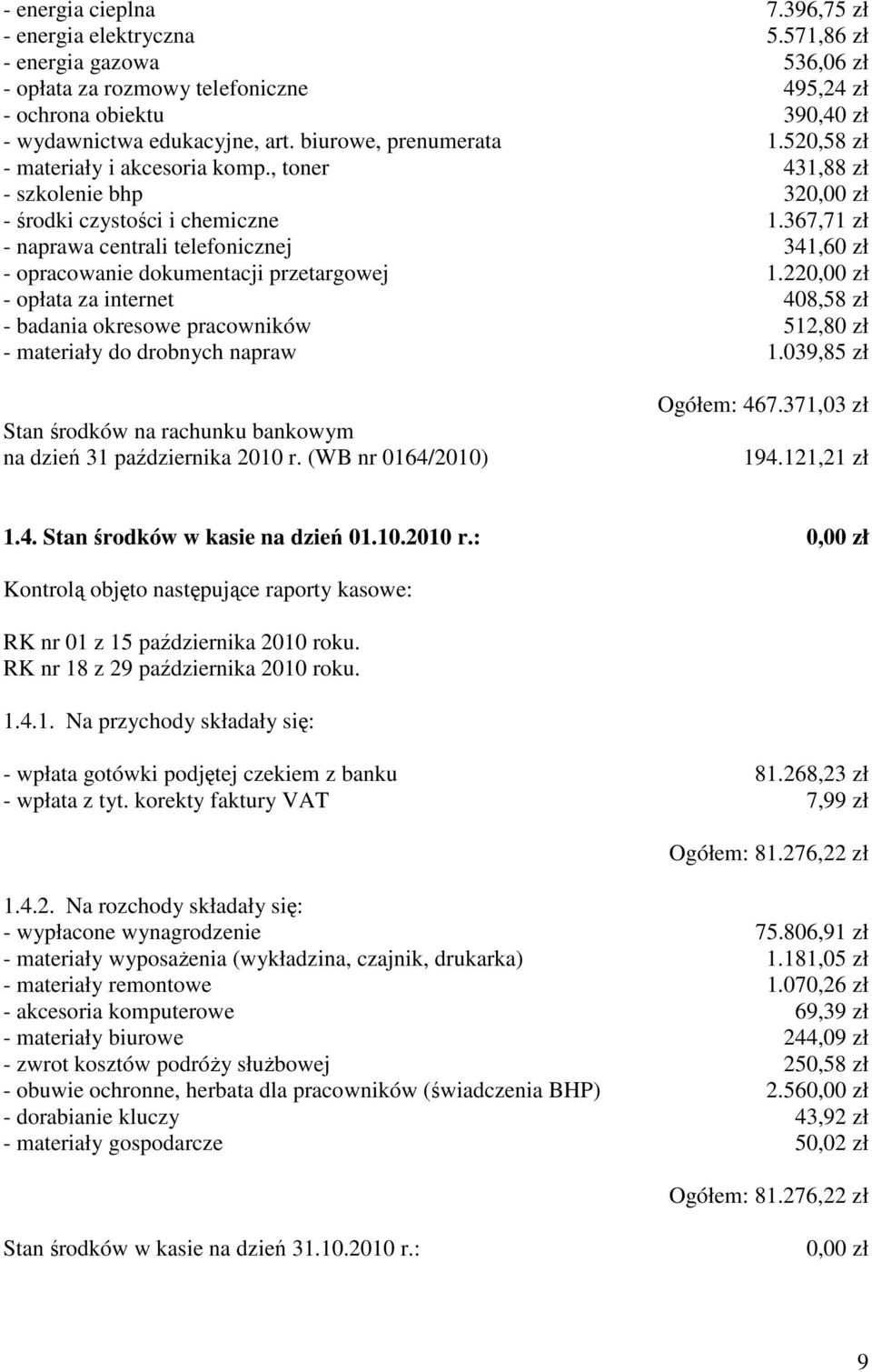 367,71 zł - naprawa centrali telefonicznej 341,60 zł - opracowanie dokumentacji przetargowej 1.