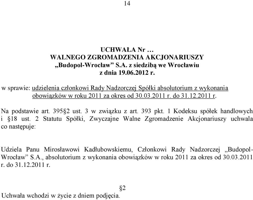 2 Statutu Spółki, Zwyczajne Walne Zgromadzenie Akcjonariuszy uchwala co następuje: Udziela Panu Mirosławowi Kadłubowskiemu,