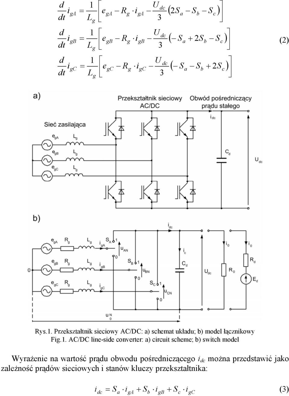 Przekształtnik sieciowy AC/DC: a) schemat układu; b) model łącznikowy Fig.1.