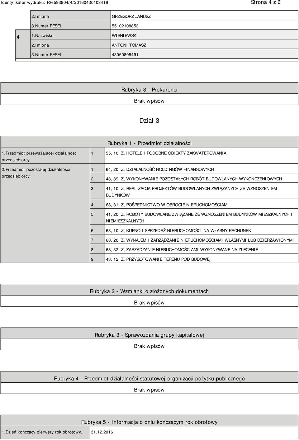 Przedmiot pozostałej działalności przedsiębiorcy 1 55, 10, Z, HOTELE I PODOBNE OBIEKTY ZAKWATEROWANIA 1 64, 20, Z, DZIAŁALNOŚĆ HOLDINGÓW FINANSOWYCH 2 43, 39, Z, WYKONYWA POZOSTAŁYCH ROBÓT