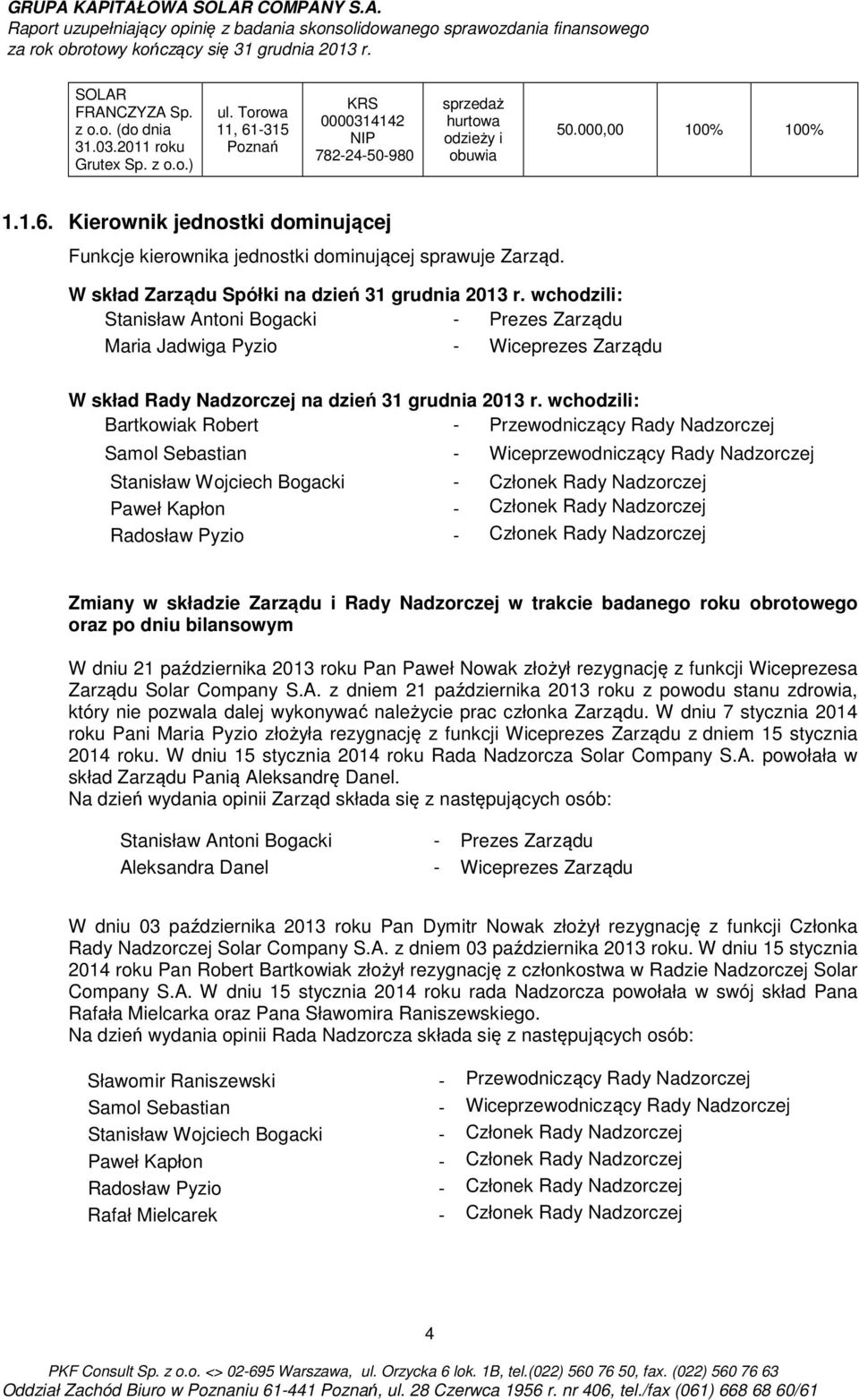 wchodzili: Bartkowiak Robert - Przewodniczący Rady Nadzorczej Samol Sebastian - Wiceprzewodniczący Rady Nadzorczej Stanisław Wojciech Bogacki - Członek Rady Nadzorczej Paweł Kapłon - Członek Rady