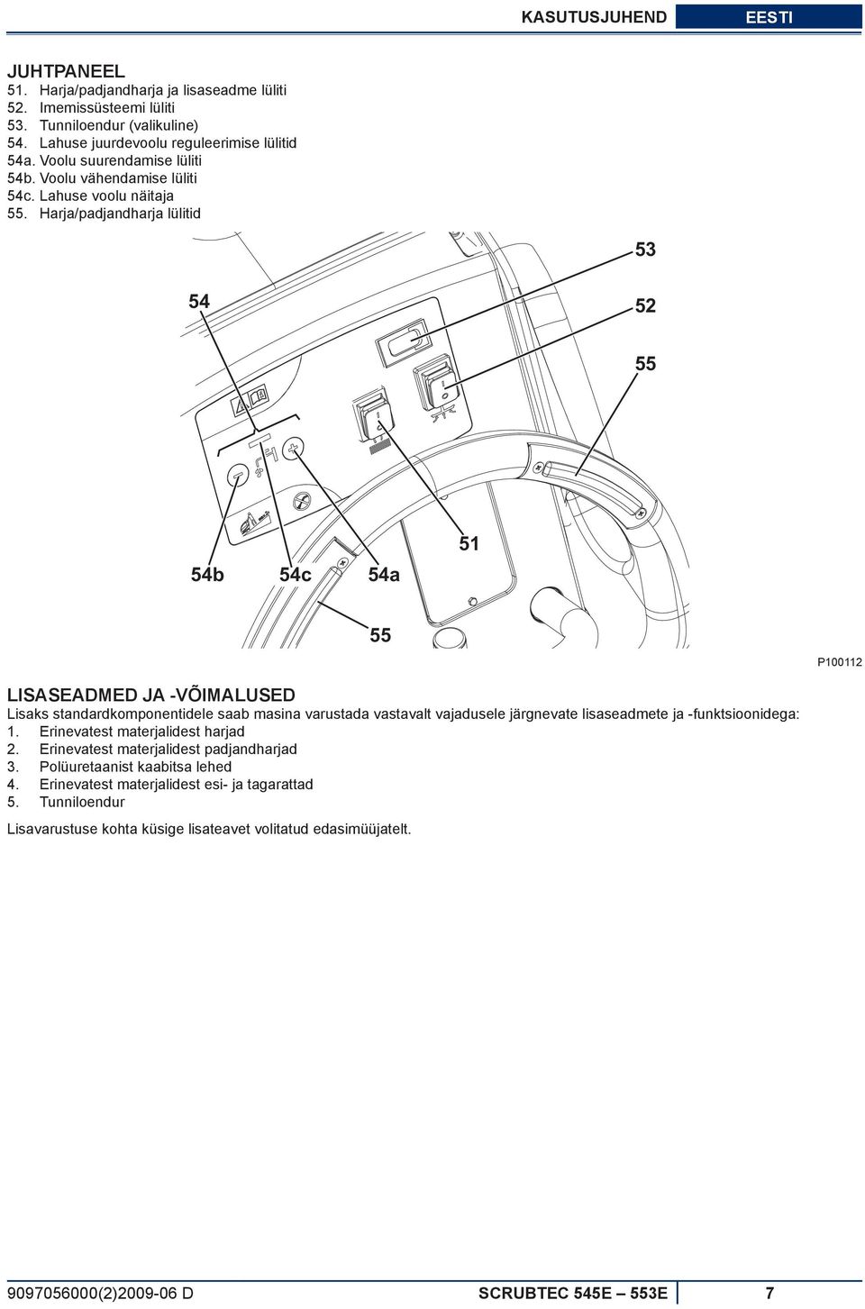 Harja/padjandharja lülitid 53 54 52 55 54b 54c 54a 51 55 P100112 LISASEADMED JA -VÕIMALUSED Lisaks standardkomponentidele saab masina varustada vastavalt vajadusele järgnevate lisaseadmete