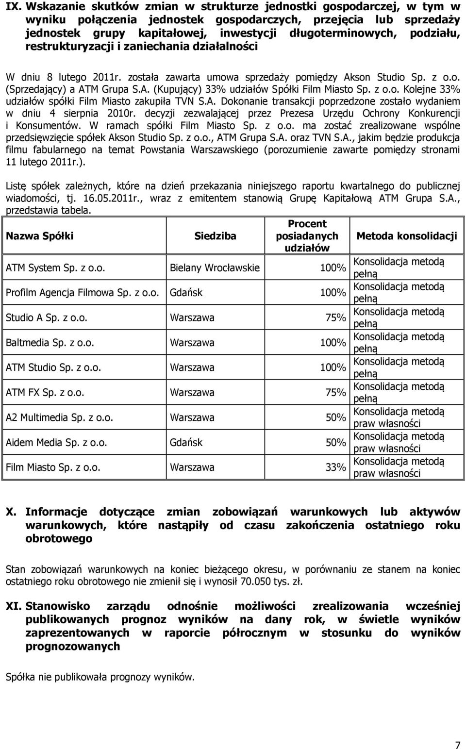 z o.o. Kolejne 33% udziałów spółki Film Miasto zakupiła TVN S.A. Dokonanie transakcji poprzedzone zostało wydaniem w dniu 4 sierpnia 2010r.
