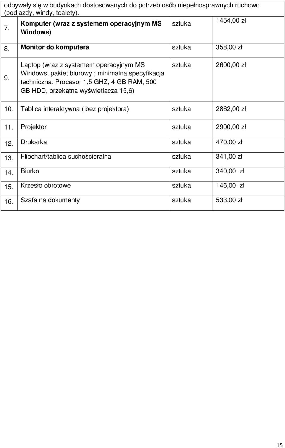 Laptop (wraz z systemem operacyjnym MS Windows, pakiet biurowy ; minimalna specyfikacja techniczna: Procesor 1,5 GHZ, 4 GB RAM, 500 GB HDD, przekątna wyświetlacza 15,6)