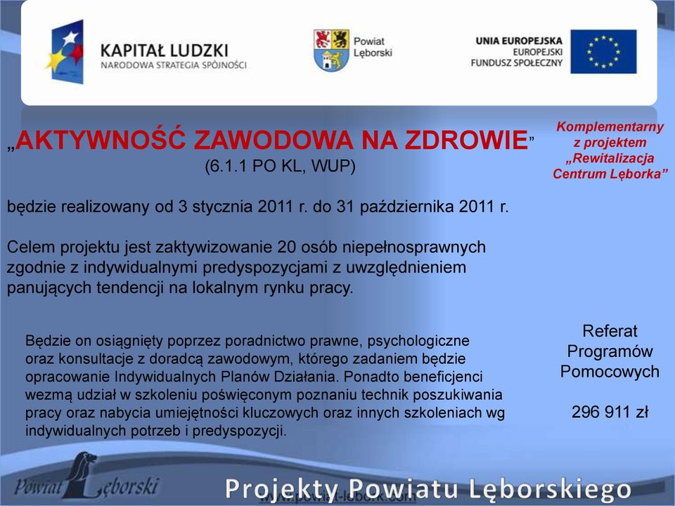 Będzie on osiągnięty poprzez poradnictwo prawne, psychologiczne oraz konsultacje z doradcą zawodowym, którego zadaniem będzie opracowanie Indywidualnych Planów Działania.