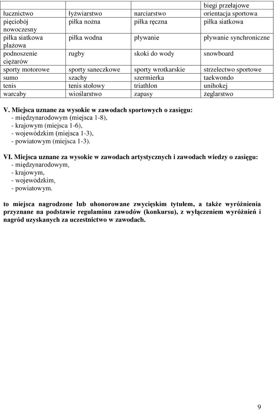 warcaby wioślarstwo zapasy żeglarstwo V. Miejsca uznane za wysokie w zawodach sportowych o zasięgu: - międzynarodowym (miejsca 1-8), - m (miejsca 1-6), - m (miejsca 1-3), - powiatowym (miejsca 1-3).