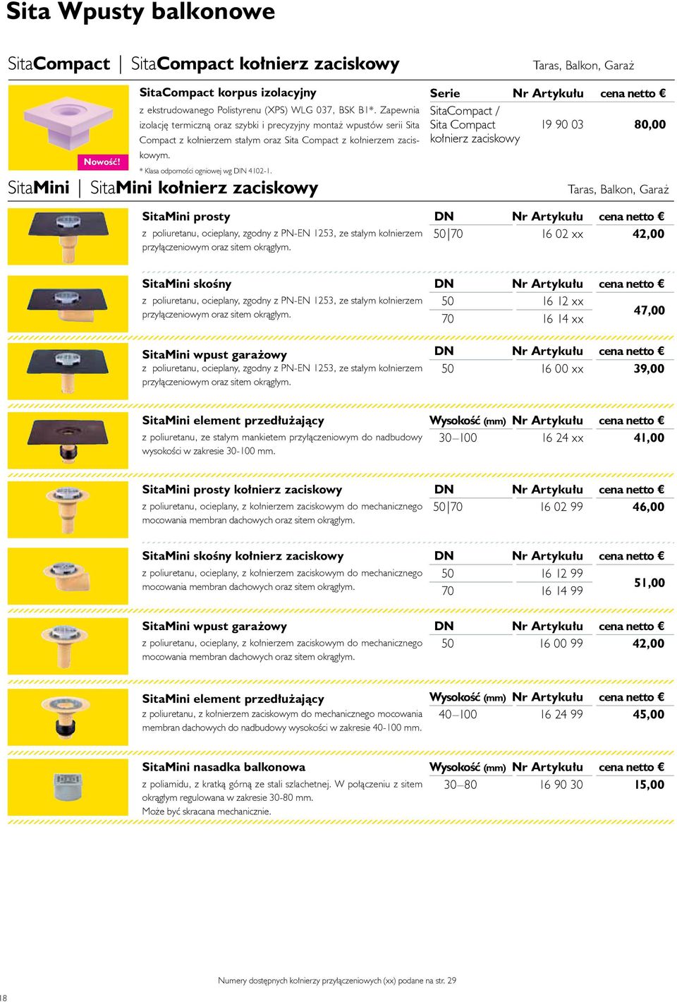 SitaMini SitaMini kołnierz zaciskowy Taras, Balkon, Garaż Serie Nr Artykułu cena netto SitaCompact / Sita Compact 19 90 03 80,00 kołnierz zaciskowy Taras, Balkon, Garaż SitaMini prosty DN Nr Artykułu