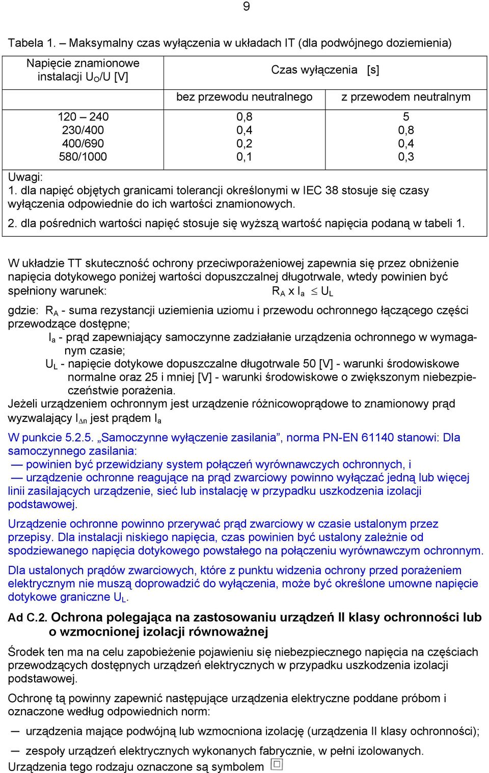 wyłączenia [s] z przewodem neutralnym Uwagi: 1. dla napięć objętych granicami tolerancji określonymi w IEC 38 stosuje się czasy wyłączenia odpowiednie do ich wartości znamionowych. 2.