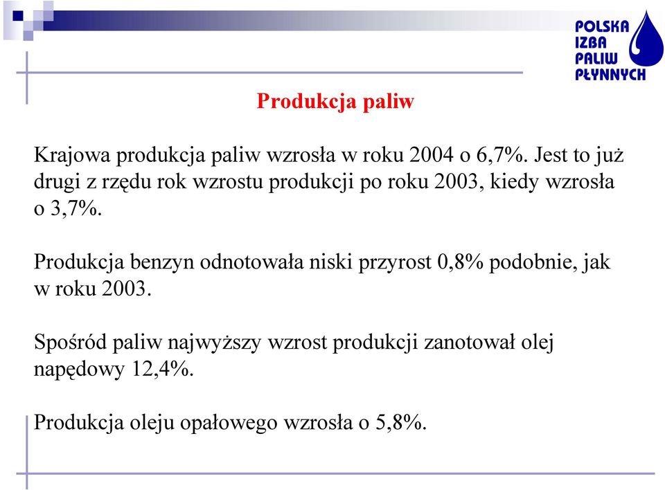 Produkcja benzyn odnotowała niski przyrost 0,8% podobnie, jak w roku 2003.