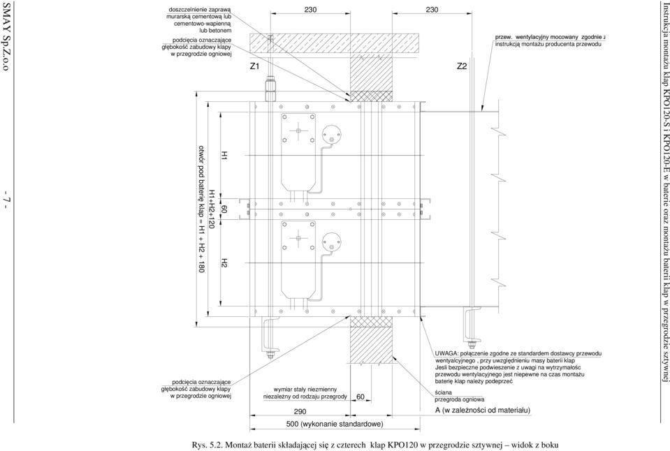 60 90 30 30 Z UWAGA: połczenie zgodne ze standardem dostawcy przewodu wentyalcyjnego, przy uwzgldnieniu masy baterii klap Jesli bezpieczne podwieszenie z uwagi na wytrzymałoc przewodu