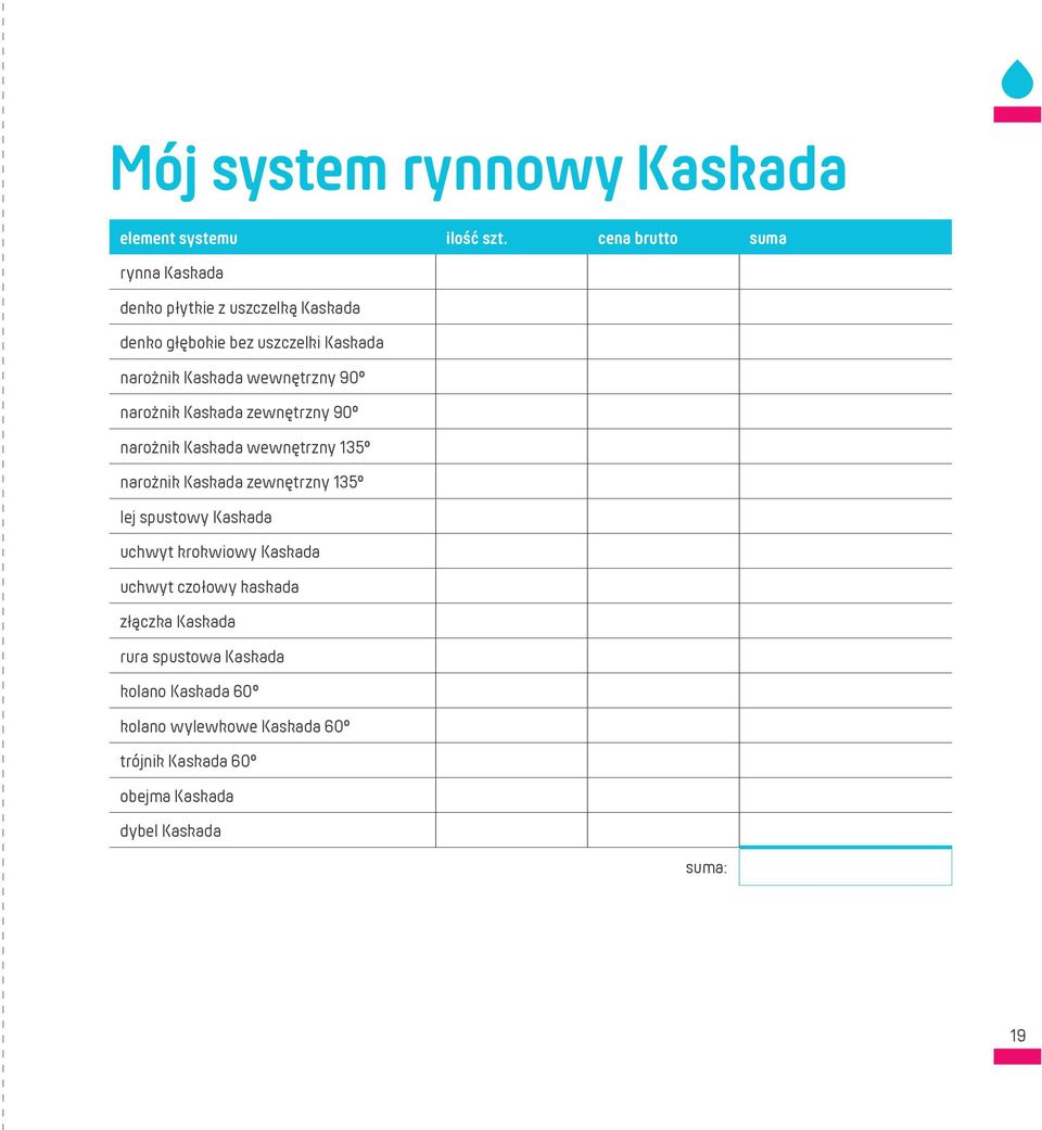 wewnętrzny 90 narożnik Kaskada zewnętrzny 90 narożnik Kaskada wewnętrzny 135 narożnik Kaskada zewnętrzny 135 lej spustowy